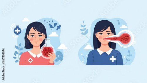 Two cartoon women with dark hair one wearing red shirt holding a glass bottle filled with red liquid