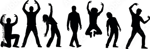 Collection of black silhouettes featuring diverse people in expressive poses jumping dancing celebrating and walking isolated on a white background