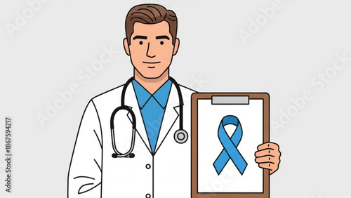 Male doctor holding clipboard with blue ribbon for colon cancer awareness campaign