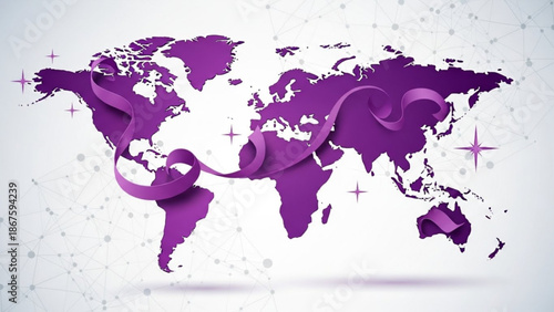 Purple world map with swirling ribbon and stars on white background for global concepts