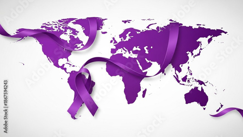 Purple awareness ribbon wrapped around a world map on white background for global health campaign