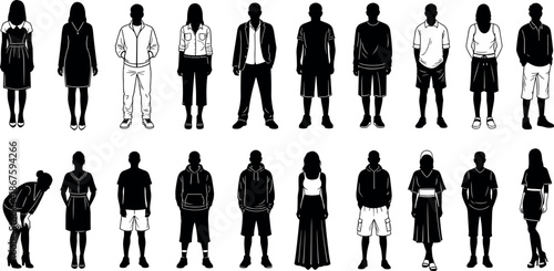 Collection of Diverse People Silhouettes Wearing Various Fashionable Outfits and Casual Clothing Set Isolated on White Background for Graphic Design