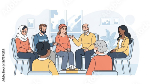 Diverse group of people sitting in a circle having a discussion or therapy session together