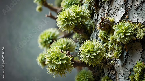 Close-up of Green Rosette Succulents Growing on Textured Tree Bark, Botanical Nature Photography of Resilient Plants and Moss in Forest Environment, Vertical Garden and Natural Pattern Concept.