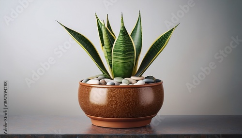 Single Sansevieria Bantel S Sensation Plant In A Decorative Pot With Pebbles