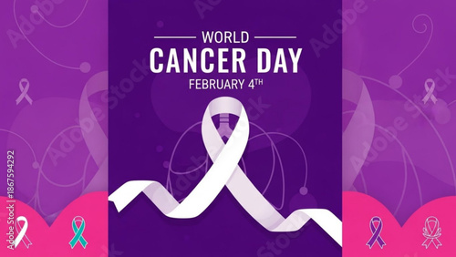 World cancer day february 4th awareness white ribbon purple background with cancer awareness