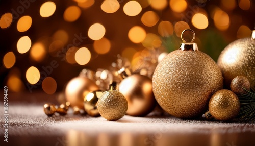 Golden Christmas Ornaments With Bokeh Lights Background