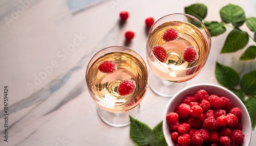 Two Champagne Glasses With Beverage And Fresh Raspberries On A Marble Surface Suitable For Celebratory Occasions