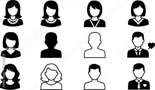 Diverse avatar icon set featuring male and female profile silhouettes with various hairstyles and professional clothing for social media profiles.