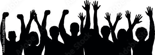 Diverse crowd of people silhouette with raised hands and fists up in celebration unity protest success community and collective power