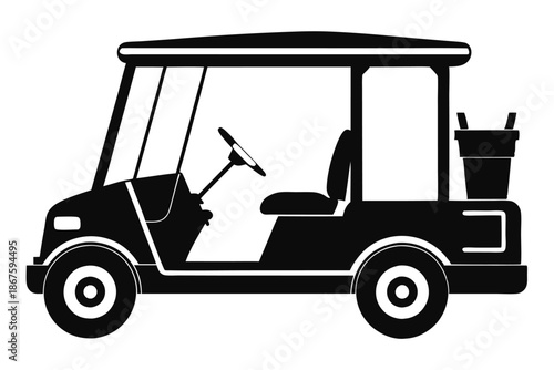 Black golf cart silhouette isolated on white background, side view vector illustration of a modern electric buggy for sports and leisure transportation.