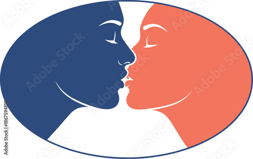Minimalist graphic design artwork featuring two stylized profile silhouettes about to share a tender kiss enclosed within an elegant dark oval frame representing unity and connection.