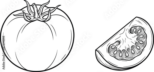 Hand drawn tomato illustration whole and sliced vegetable sketch, black white line art food drawing isolated background