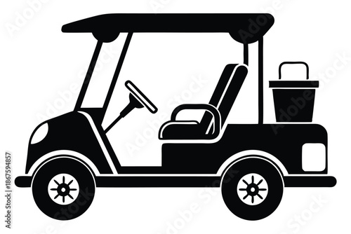 Side profile silhouette of a golf cart, black and white vector illustration of a professional golf car isolated for signage and sport branding.