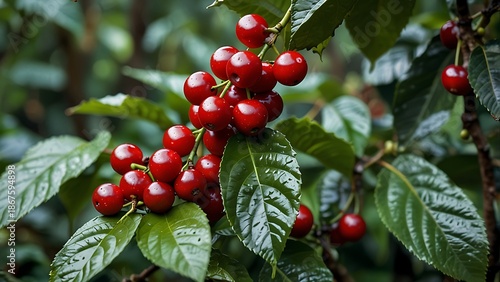 Ripe Red Coffee Berries Growing on Branch with Vibrant Green Leaves, Coffee Plantation and Agriculture Harvest Concept, Fresh Organic Coffee Cherries in Tropical Farm Environment.