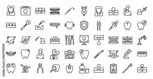 Collection of Outline Dental Icons and Oral Care Symbols.