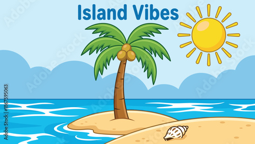 Island vibes cartoon illustration, tropical beach scene with palm tree, ocean waves, sunshine, summer vacation background art