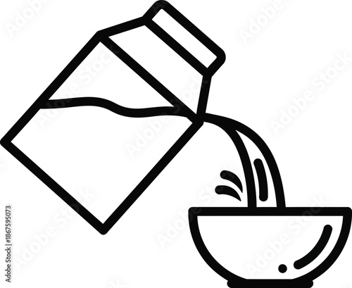 Pouring milk into a bowl simple black and white line art illustration