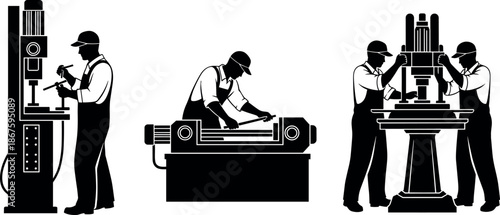 Industrial Manufacturing Workers Operating Heavy Machinery Equipment Metalworking Factory Production Line Manual Labor Engineering Skilled Technician Professional Workshop Vector Illustration