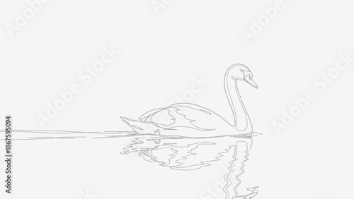 Elegant single line drawing captures the serene beauty of a majestic swan gracefully floating upon calm water creating a gentle reflection in minimalist black and white art style