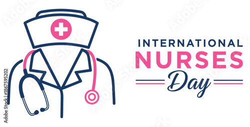 Minimalist graphic celebrating international nurses day featuring a stylized dark blue uniform outline with a prominent pink cross on the cap and a matching stethoscope accent.