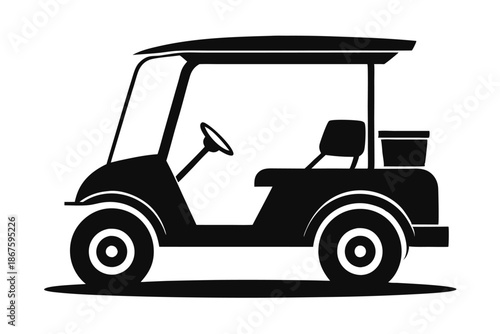 Modern electric golf buggy silhouette, black and white side view vector of a motorized vehicle for golf course transportation and outdoor sports.