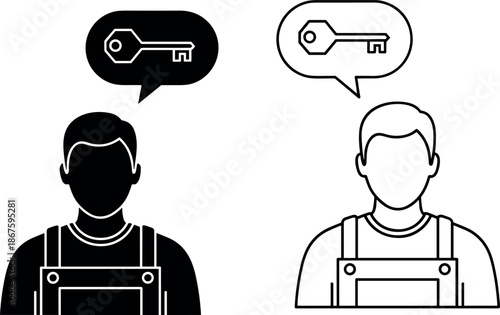 Locksmith handyman avatar icon set with key speech bubble in flat black and white outline style for service professional design