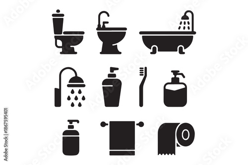 Essential Bathroom Items and Hygiene Product Silhouettes Icon Set