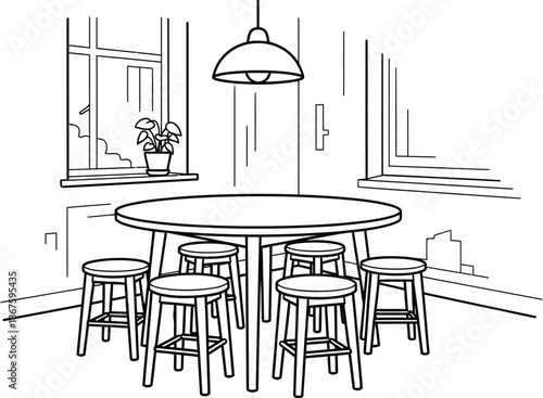 Simple black and white line art illustration depicting a circular wooden table surrounded by seven wooden stools arranged neatly underneath a hanging pendant lamp in a bright interior space.