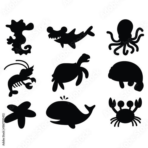 Collection of nine black silhouette icons representing various cute cartoon sea creatures perfect for oceanic themed design projects and nautical illustrations