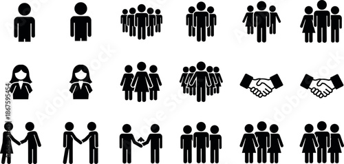 People and Business Icons Set Featuring Individual Figures Groups Teams Handshakes Professional Networking Community Diversity and Corporate Partnership Vector Illustrations