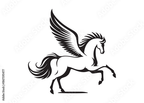pegasus logo silhouette vector, horse with wings logo design icon vector illustration, magical fantasy horse vector silhouette, pegasus fly horse logo vector silhouette on white background