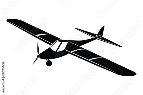 Sailplane glider silhouette black and white, vector illustration of a non-motorized aircraft soaring in the sky for aviation and extreme sports themes.