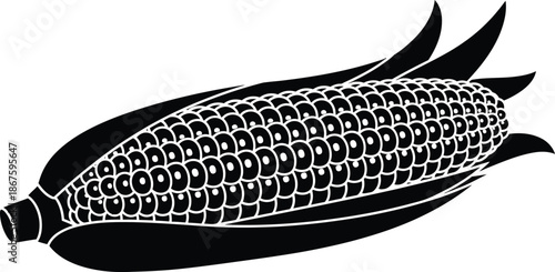 A black and white illustration of a single ear of corn with husk