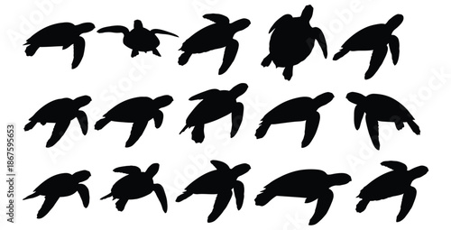 Collection of diverse black silhouette icons representing various swimming and resting sea turtle movements perfect for nature design projects