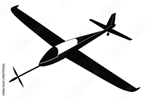Minimalist glider silhouette isolated on white, black and white vector icon of a sailplane for aeronautics and soaring sport enthusiasts.