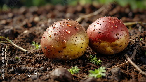 Freshly Harvested Red Potatoes with Water Droplets on Rich Dark Soil in Garden, Organic Farming and Agriculture Concept with Young Potato Plant, Natural Raw Root Vegetables Still in Ground.