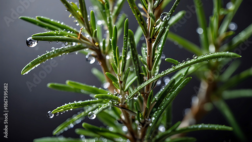 Macro Shot of Fresh Rosemary Sprigs with Sparkling Crystal Clear Water Droplets on Dark Background, Aromatic Culinary Herb for Healthy Cooking and Wellness, Organic Green Botanical Background.