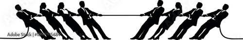 Professional Business People in Suits Engaged in Tug of War Competition Symbolizing Corporate Conflict Strategy Teamwork Rivalry and Financial Market Struggle