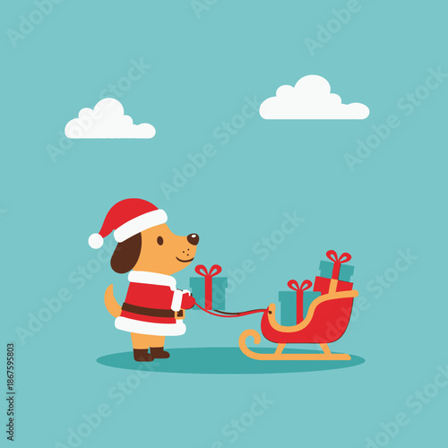 Cute Cartoon Dog Dressed as Santa Claus with Sleigh Full of Christmas Gifts.