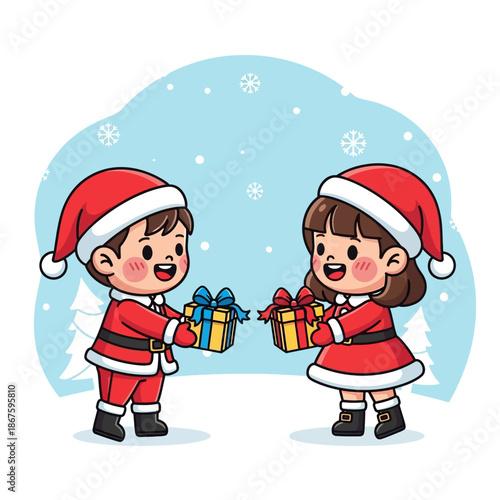 Cute Cartoon Children Dressed as Santa Claus Exchanging Christmas Gifts.