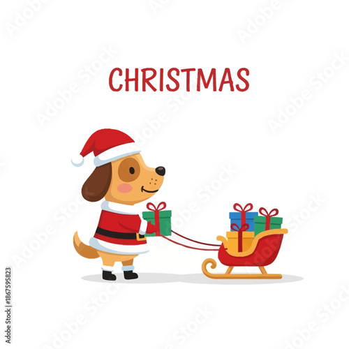 Cute cartoon dog in Santa costume pulling a sleigh with Christmas gifts.