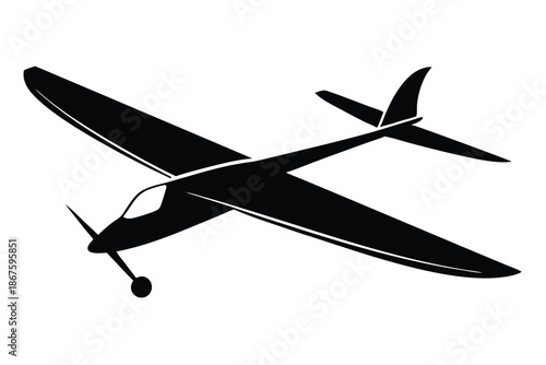 Sleek glider silhouette icon, black and white vector of a sailplane aircraft for flying clubs, aviation training, and outdoor adventure themes.
