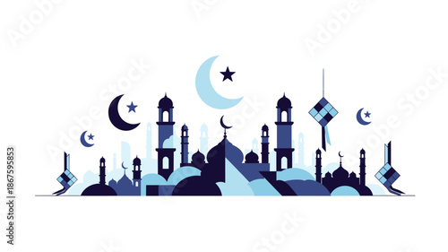Stylized flat design illustration of a mosque skyline with crescent moons and stars, celebrating Islamic culture and religious holidays.
