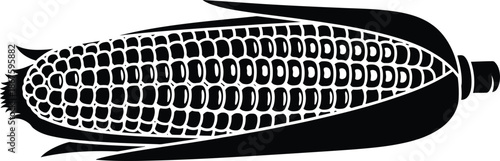 A detailed black and white illustration of a single ear of corn