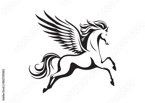 pegasus logo silhouette vector, horse with wings logo design icon vector illustration, magical fantasy horse vector silhouette, pegasus fly horse logo vector silhouette on white background