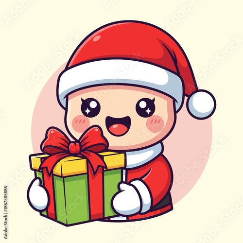 Cute Cartoon Santa Claus Holding a Christmas Gift Box.