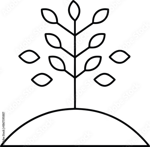 lone tree on hill line art vector illustration on transparent background