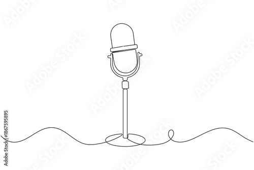 Abstract one line art of a classic microphone on a tripod stand isolated on white