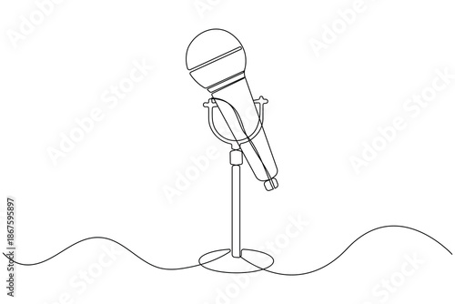 Singing microphone on a stand hand drawn in continuous line style for music design